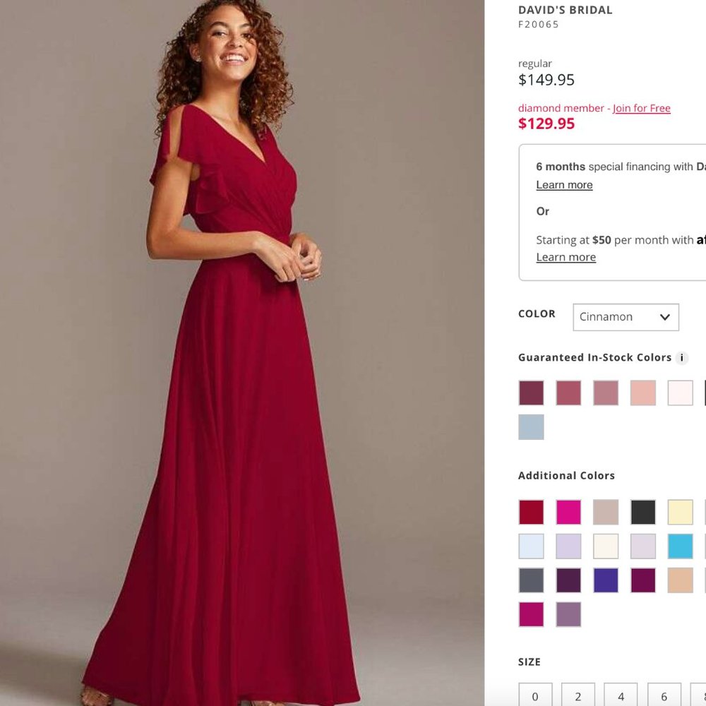 David's Bridal Flutter Sleeve Full Skirt Bridesmaid Dress - Cinnamon Size 0